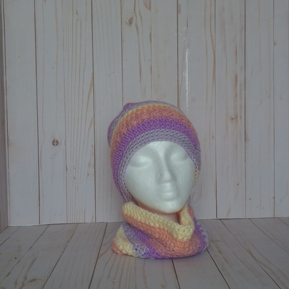 Hand crocheted beanie with a faux fur pom and cowl scarf set